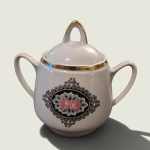 Vintage RPR Riga Porcelain Sugar Bowl with Lid – Pink Roses & Gold Trim