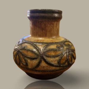 Strehla Ceramic Vase – Ochre & Brown with Raised Scroll Decoration – GDR