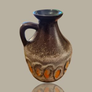 Strehla Ceramic Vase with Handle – Brown, Cream & Orange Glaze – GDR