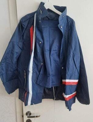 Vintage 1970S|80S Caratom Vinyl Raincoat &Amp; Trousers Set – Navy Blue With Racing Stripes (Kids