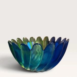 Iridescent Blue & Green Glass Bowl – Scalloped Petal Design