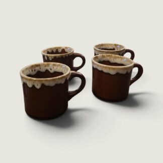 Set of 4 Vintage Coffee Mugs – Brown & Cream Drip Glaze