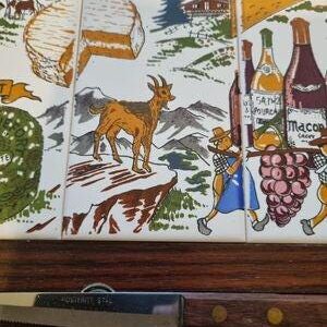 Mid-Century French Cheese Board Set - Decorative Tiles & Knife